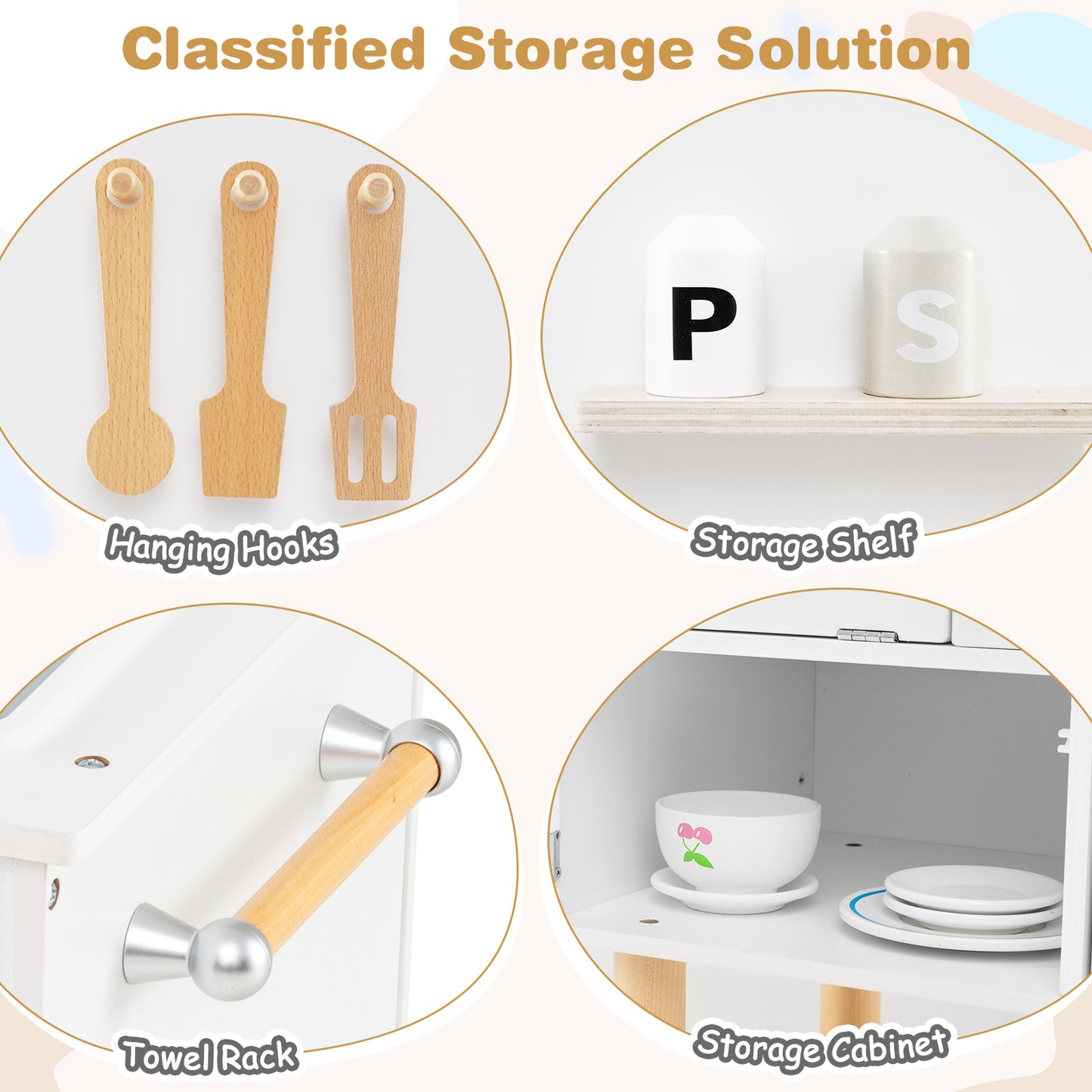 Play Kitchen for Kids Wooden Kitchen Playset with Stoves Faucet-White