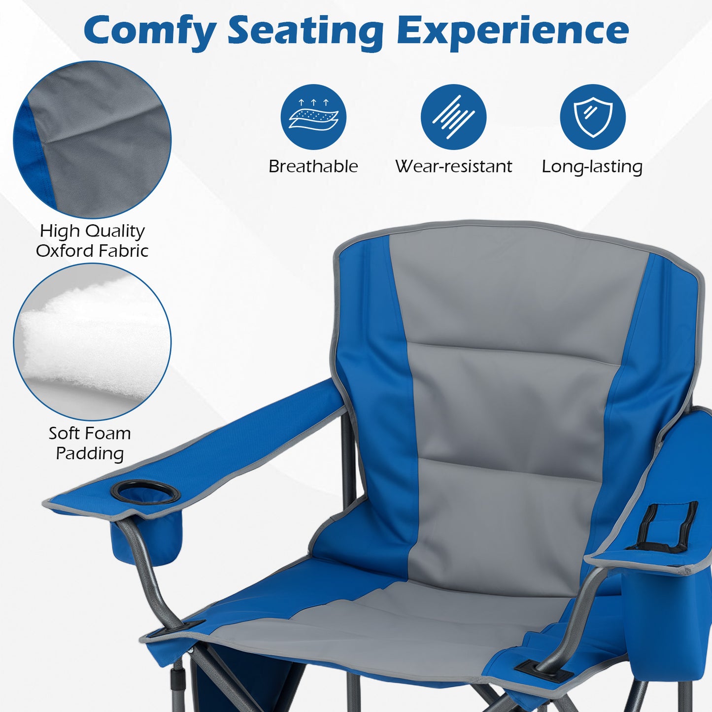 Portable Oversized Camping Chair with Zippered Cooler Pouch and Cup Holder-Blue