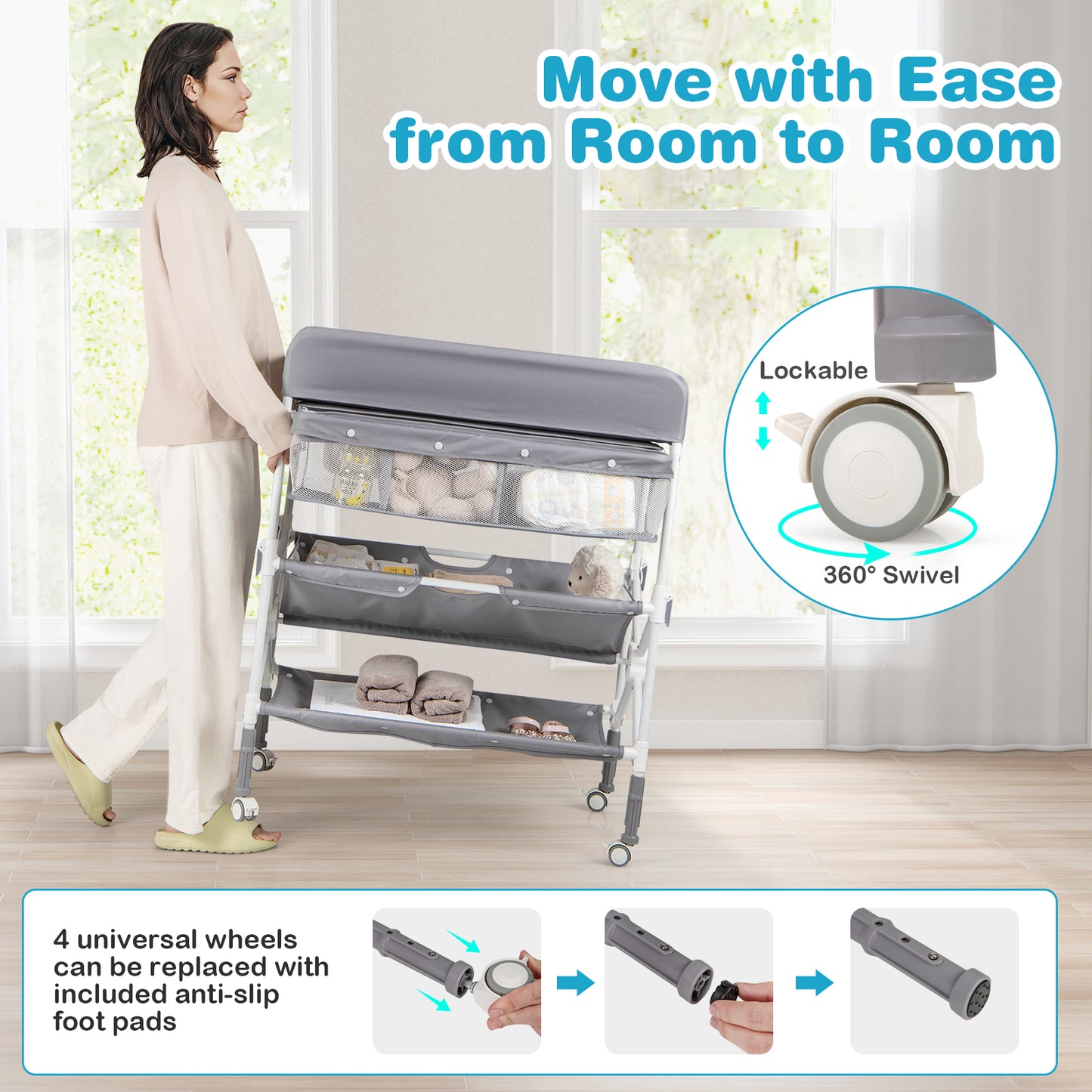 Foldable Baby Changing Table with Wheels and Adjustable Height-Grey
