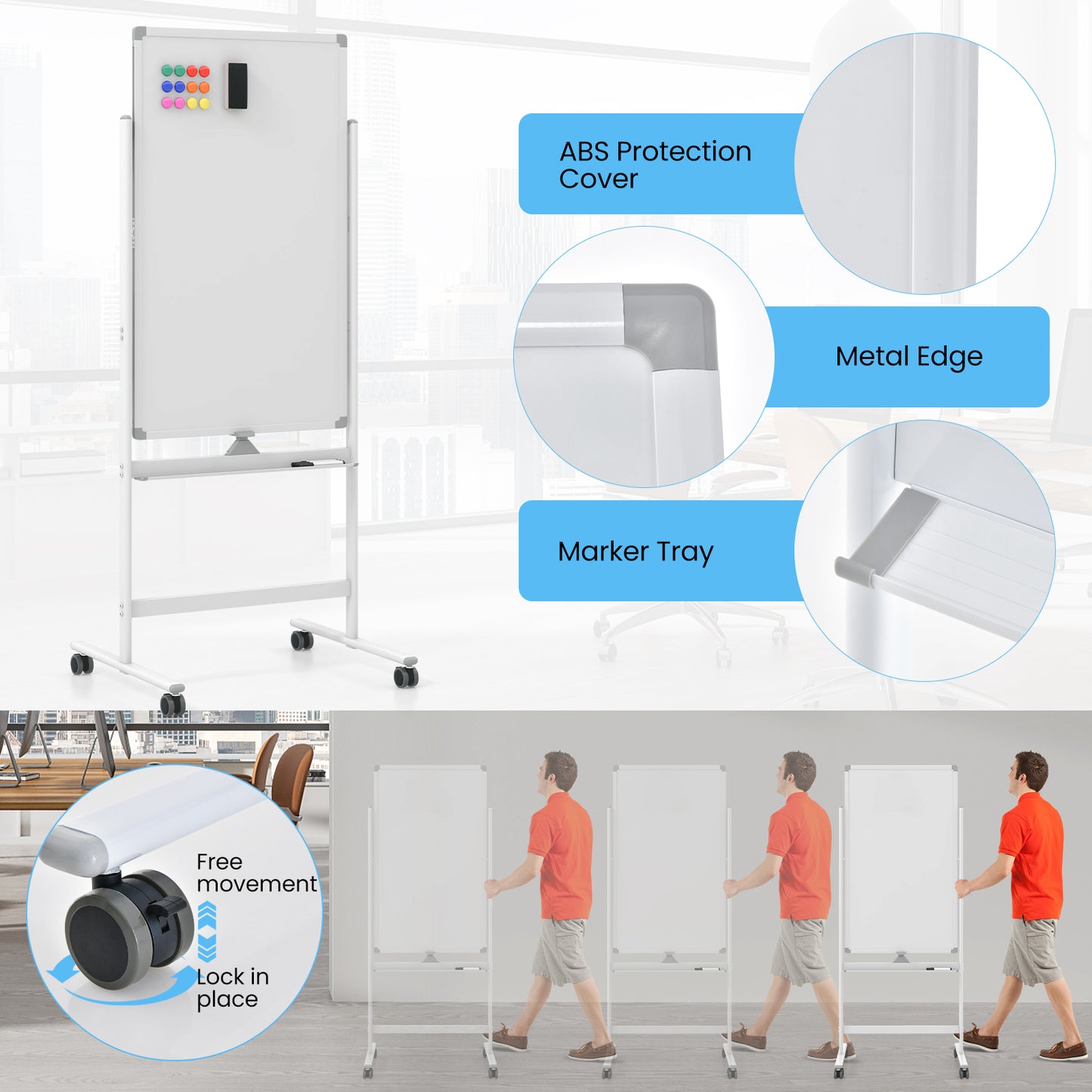 Reversible Rolling White Board with Black Markers and Board Eraser-White-M