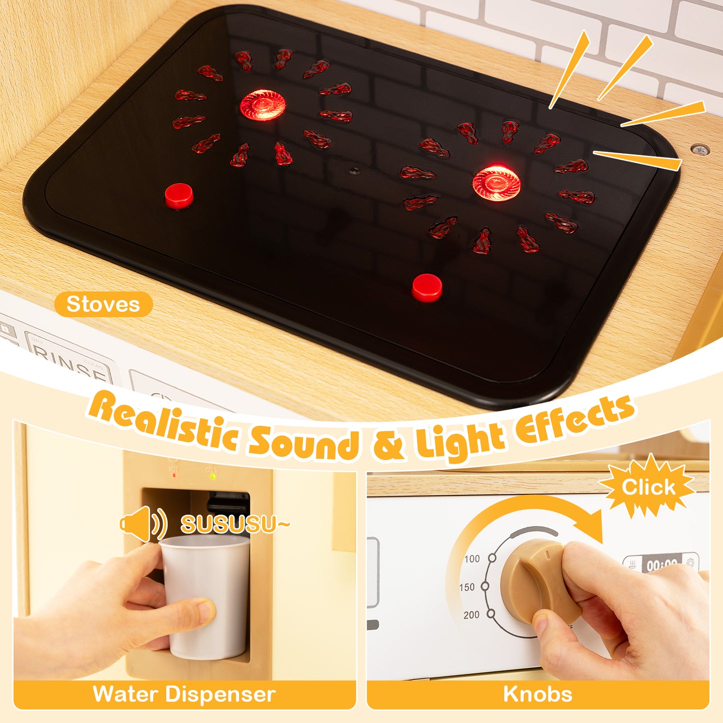 Wooden Kids Kitchen Playset with Real Sounds Lights Stove Water Dispenser-Yellow