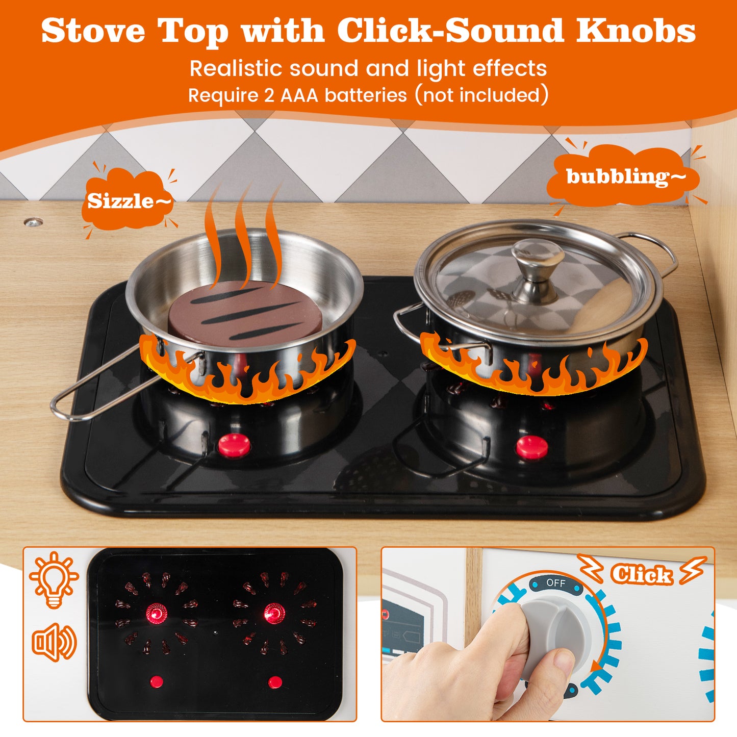 Pretend Play Kitchen with Ice Maker and Cooking Stove for Kids-Natural