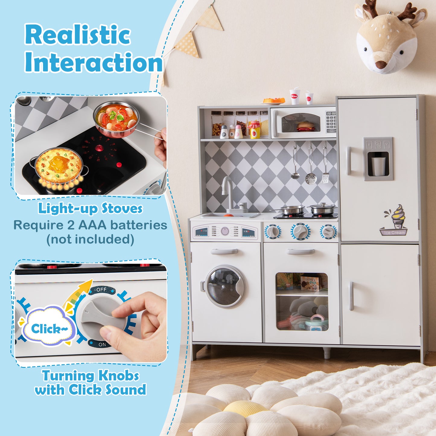 Pretend Play Kitchen with Ice Maker and Cooking Stove for Kids-White
