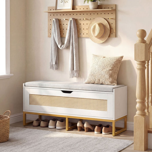 Rattan Storage Chest Wicker Shoe Bench with Padded Seat-White
