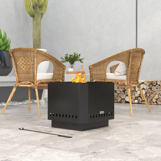 Outsunny Smokeless Fire Pit, 48 cm Portable Wood Burning Firepit, Square Metal Bonfire Stove with Poker, Black