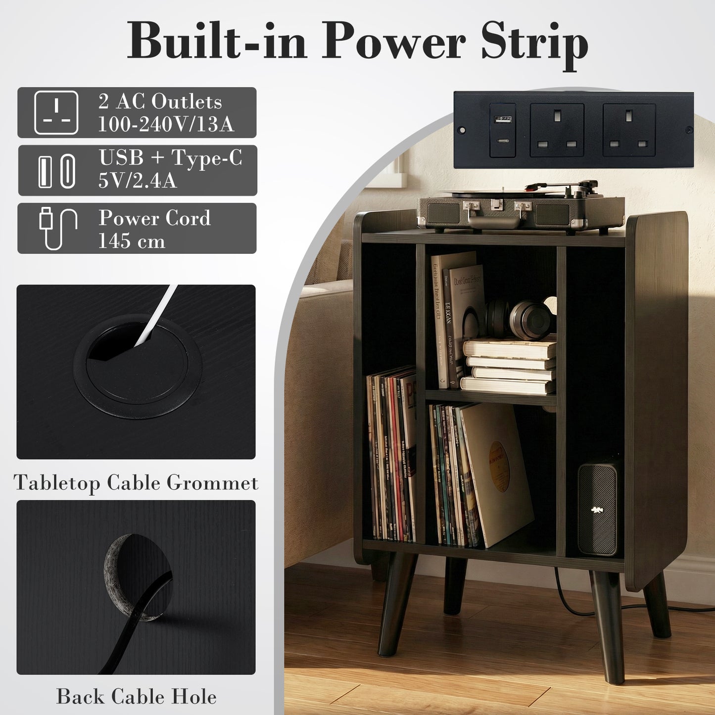 Record Player Stand with 4 Open Shelves Power Outlet USB Charging Port-Black