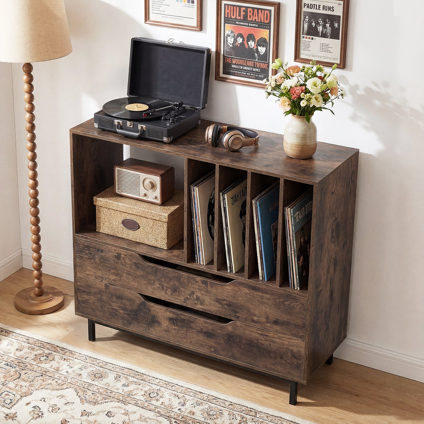 Record Player Stand Mid Century Turntable Stand with Open Compartment-Brown