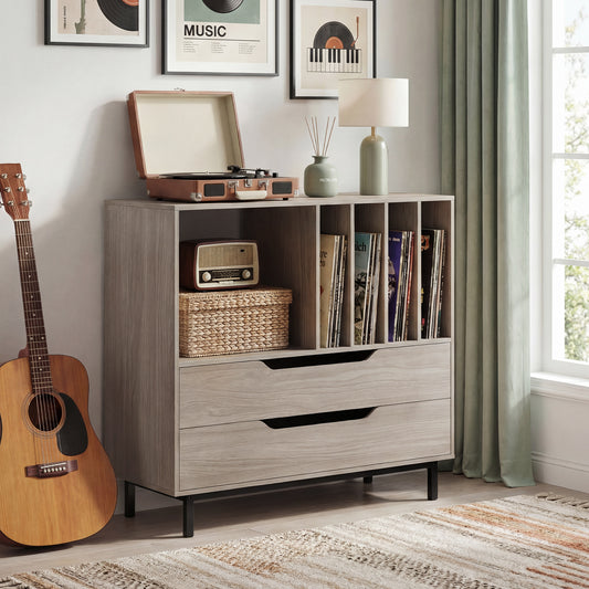 Record Player Stand Mid Century Turntable Stand with Open Compartment-Grey
