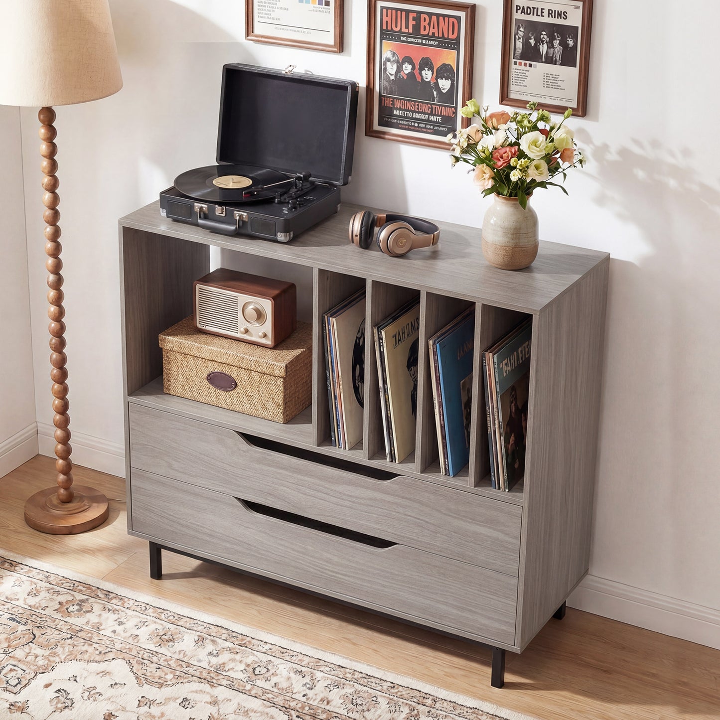 Record Player Stand Mid Century Turntable Stand with Open Compartment-Grey
