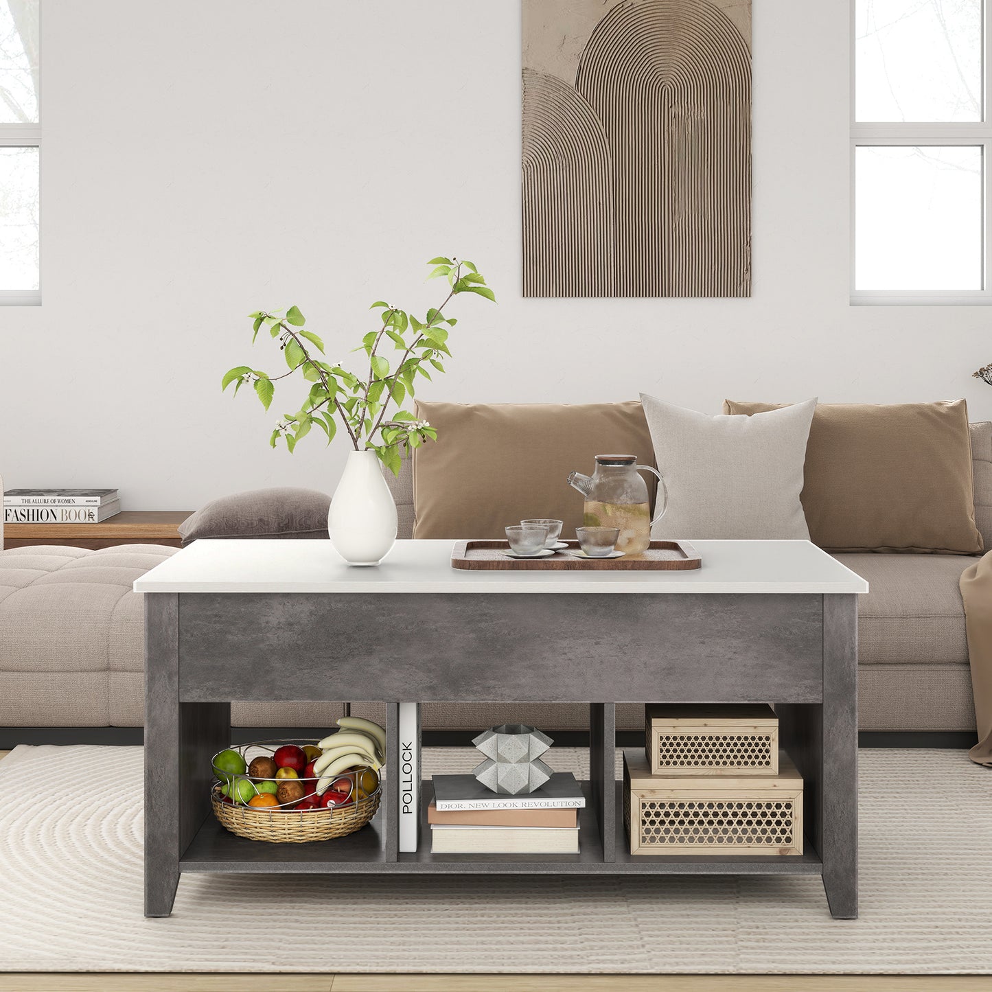 Rising Center Table with Lift Top Hidden Compartment-Grey
