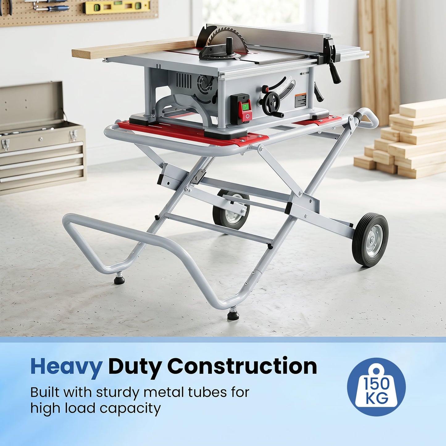 Rolling Foldable Heavy Duty Metal Base with 20cm Rubber Wheels-Red