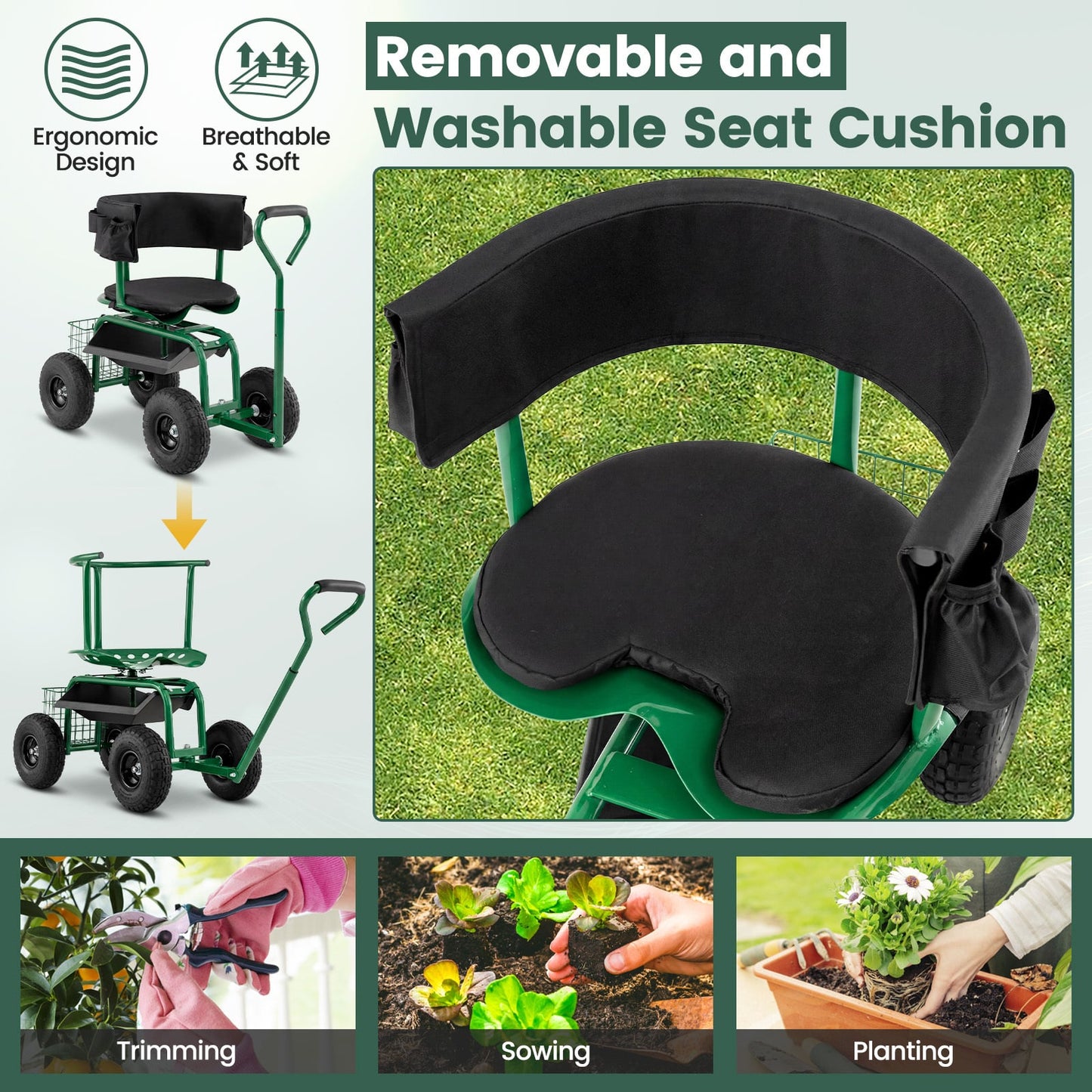 Rolling Garden Work Seat with Wheels Swivel Seat and Extendable Handle-Green