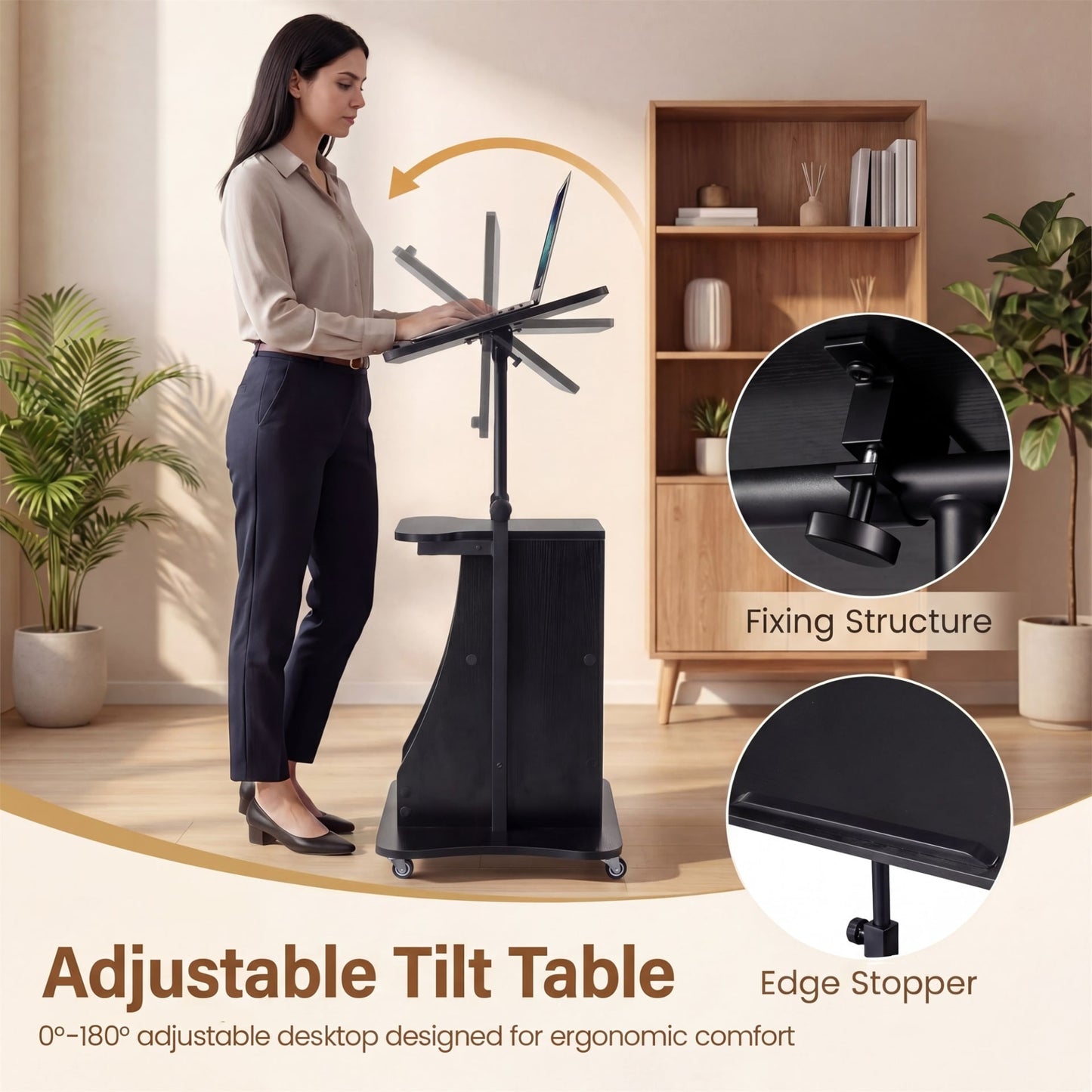 Rolling Podium Stand with Tilting Tabletop and Storage Shelves for Office-Black