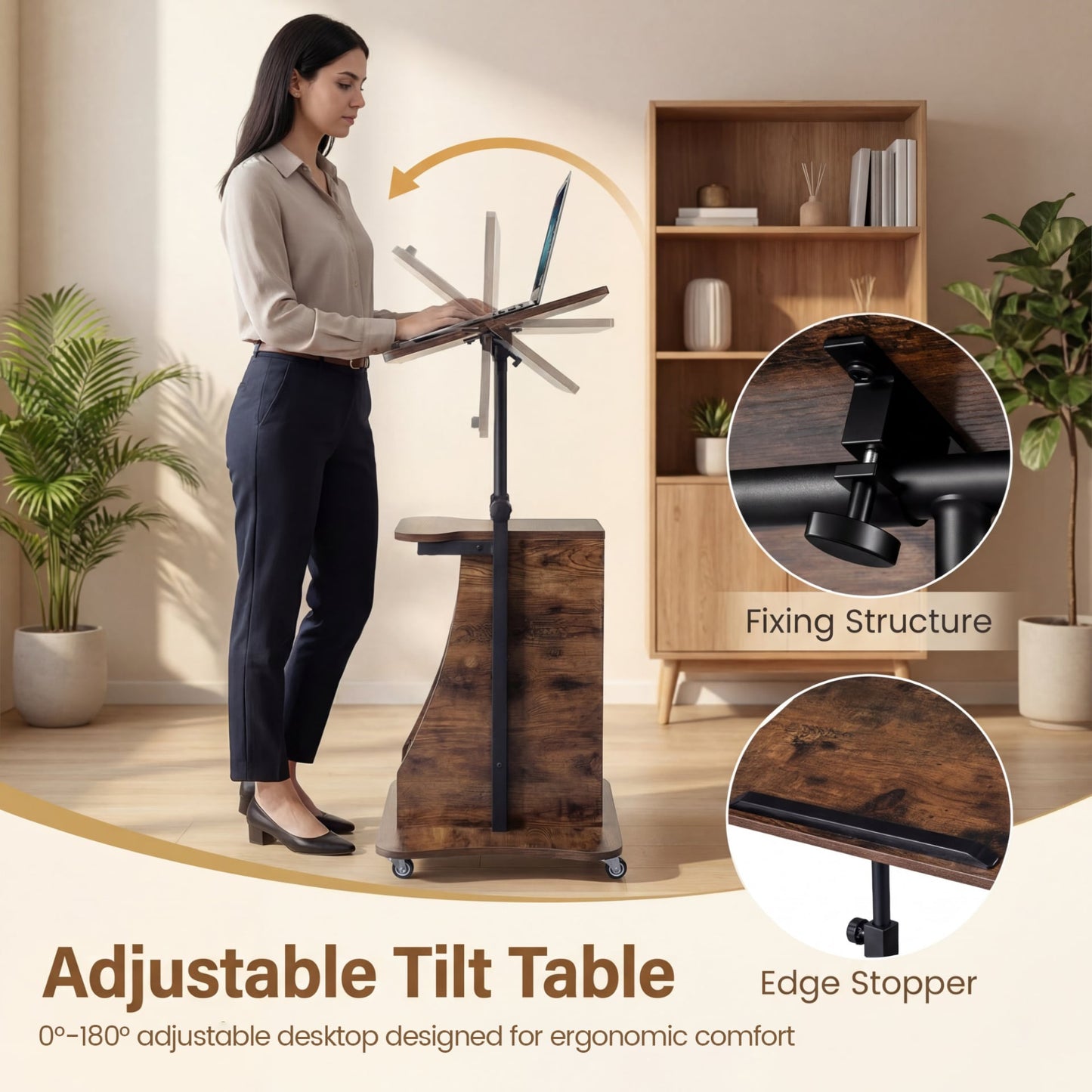 Rolling Podium Stand with Tilting Tabletop and Storage Shelves for Office-Rustic Brown