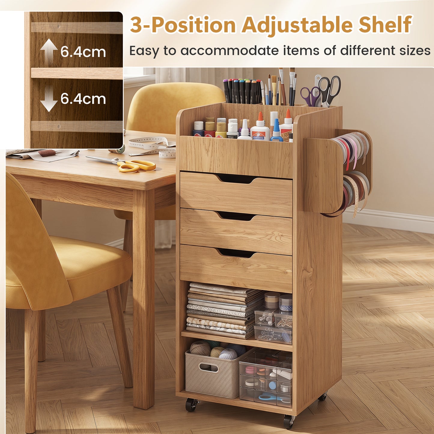 Rolling Storage Cart with 3 Drawers & 2 Shelves and Dowel Rods for Kitchen-Natural