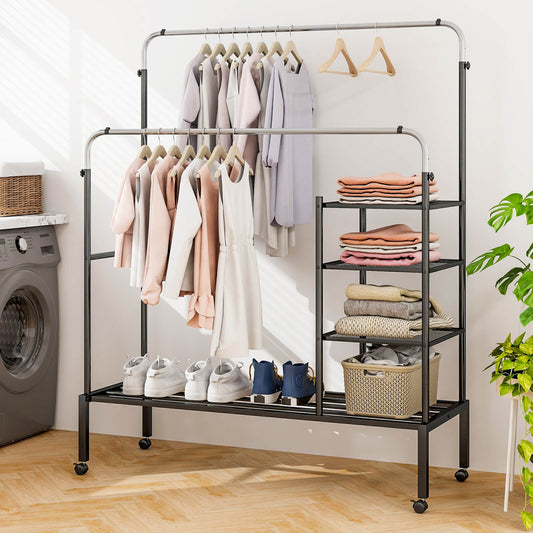 Rolling Clothes Drying Rack with 2 Adjustable Hanging Bars-Black & Silver