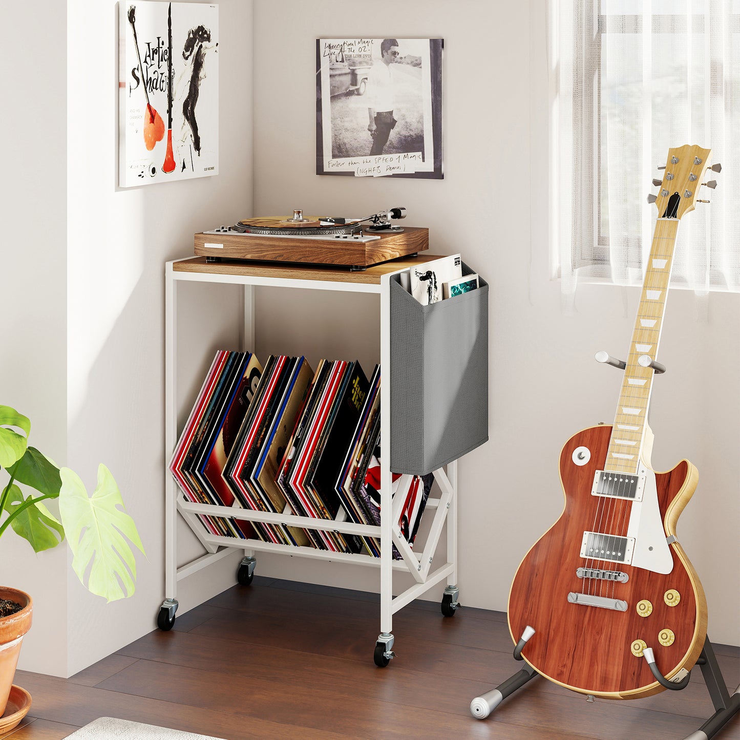 Rolling Record Player Stand with Vinyl Storage and Magazine Holder-Natural