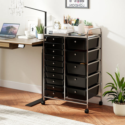 15-Drawer Rolling Storage Cart with Lockable Wheels and Removable Drawers-Black