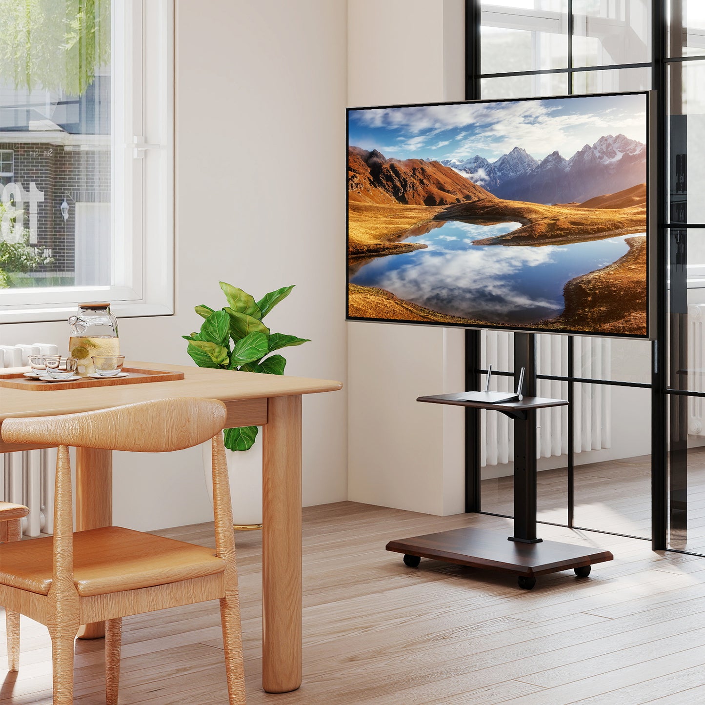 Rolling TV Stand on Wheels with 30° Tilt Mount and Adjustable Shelf-Walnut