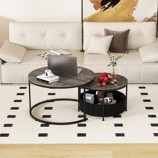 Round Coffee Table Set of 2 Circle Cocktail Table with Storage Basket-Grey