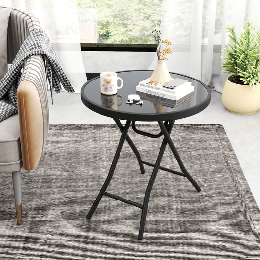 Round Folding Side Patio Coffee Table with Tempered Glass Tabletop-Black