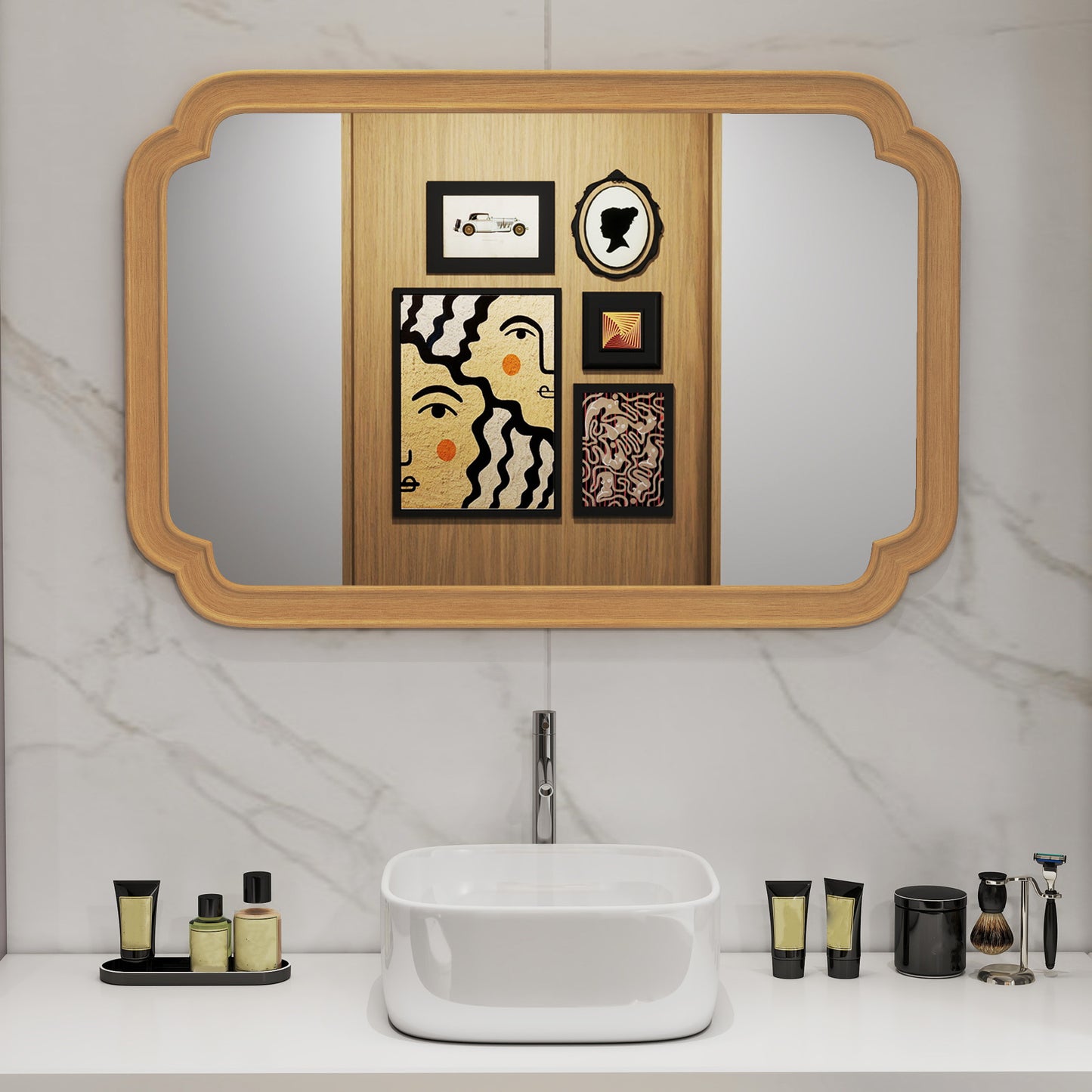 Rounded Corner Arch Wall Mirror for Bathroom Living Room-Natural