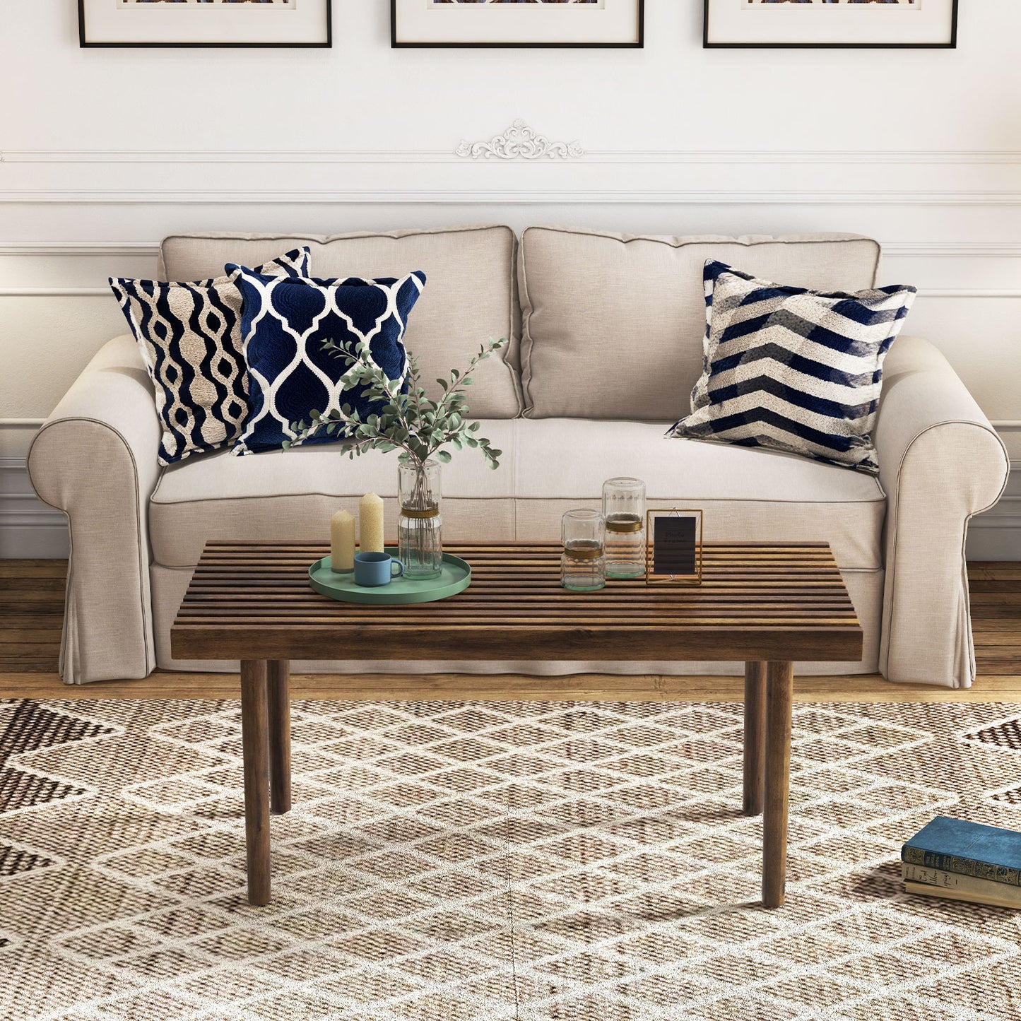 Rubber Wood Coffee Table with Slatted Tabletop
