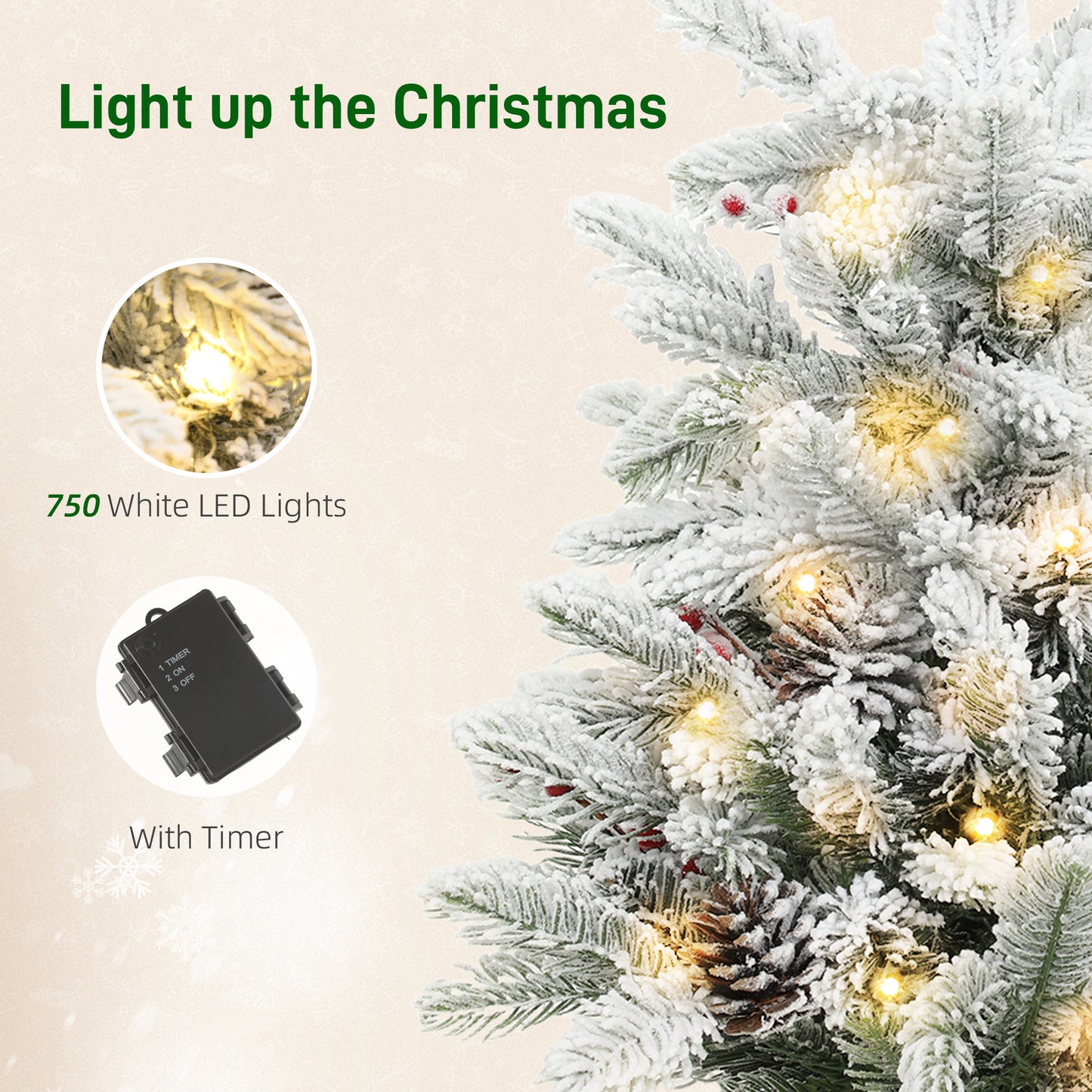 HOMCOM 60 cm Prelit Small Christmas Tree with 35 LED Lights, Snow Flocked Tabletop Mini Xmas Tree with Pine Cones, Berry Clusters and Linen Cover Base, Battery Operated, Green