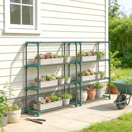 Outsunny 4-Tier Plant Stand Indoor Outdoor, Set of 2 Metal Plant Shelf with Rack Buckles for Easy Assembly, Flower Display Rack