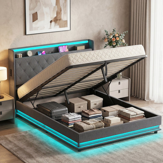 HOMCOM 5ft King Bed Frame with Headboard, Platform Bed Frame with Hydraulic Storage, LED Lights and Charging Station, Grey