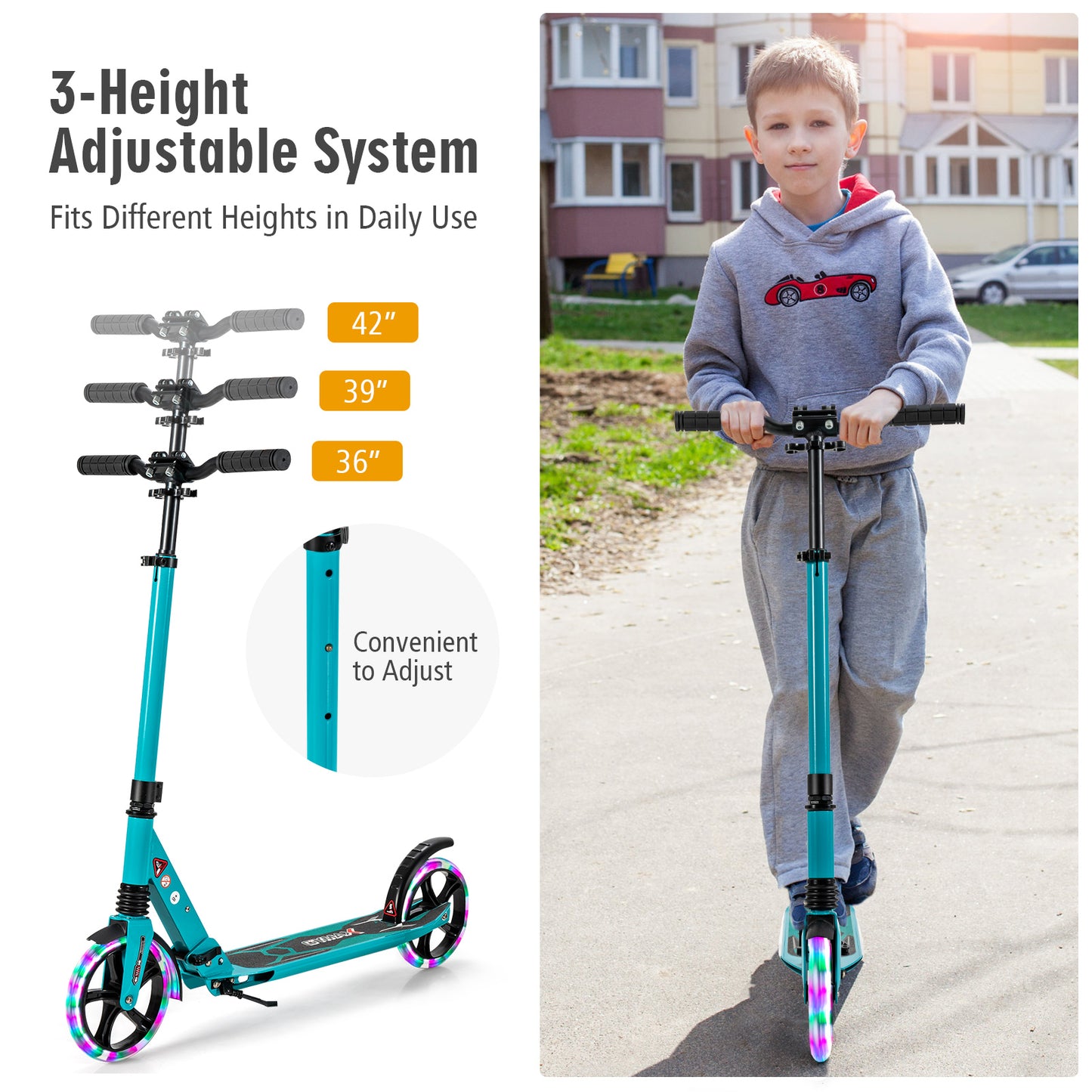 Folding Kick Scooter with Large Wheels for Age 8+ Kids Teens Adults-Turquoise