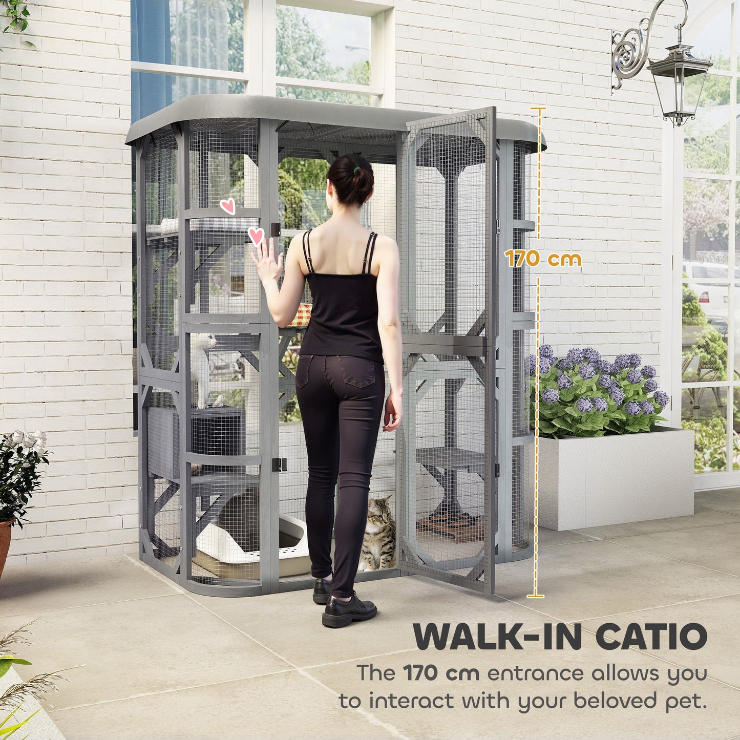 PawHut Catio Outdoor Cat Enclosure, Wooden Cat House with Platforms, Condo and Waterproof Cover for 2“3 Kittens, Grey