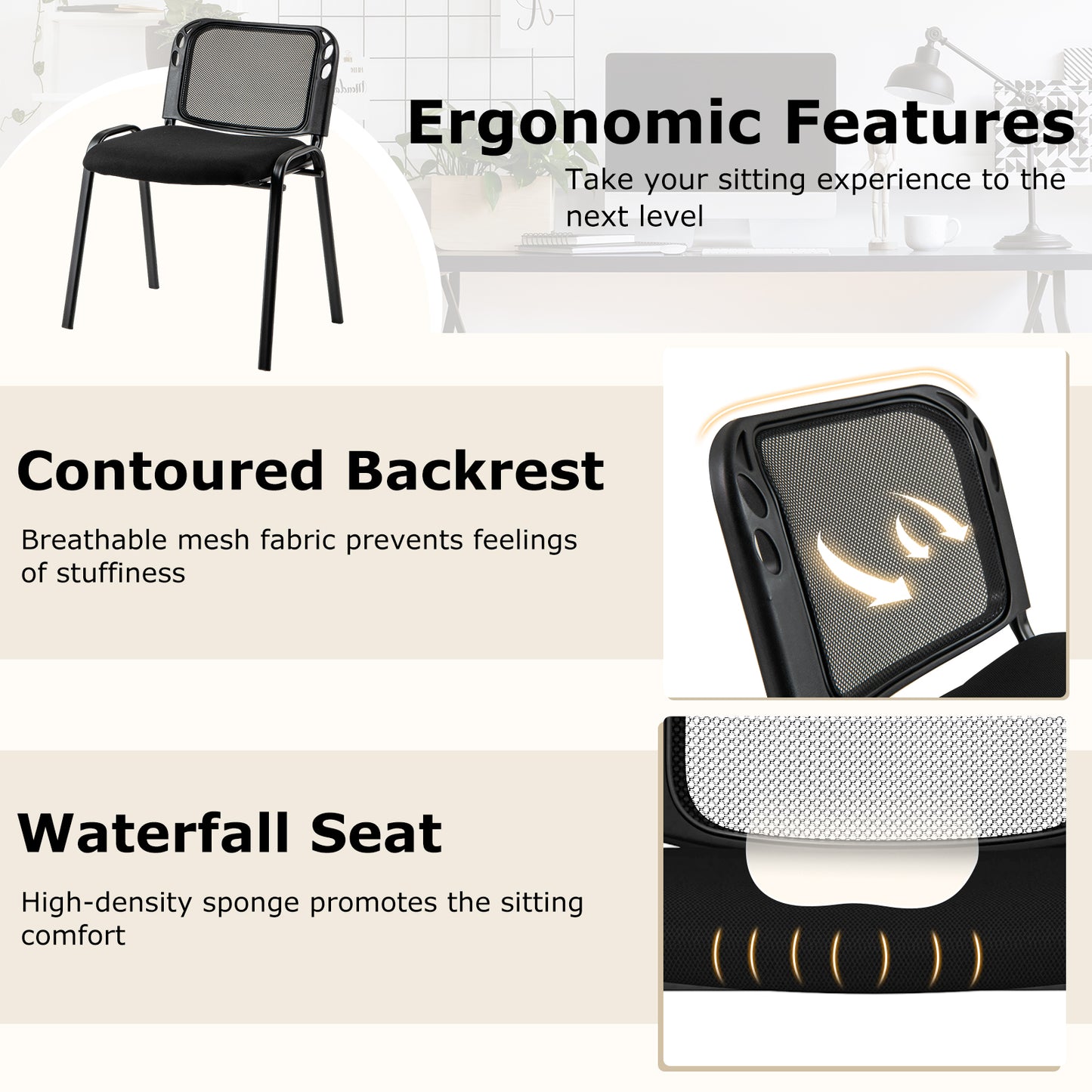 Set of 10 Stackable Waiting Room Chairs with Mesh Backrest-Black
