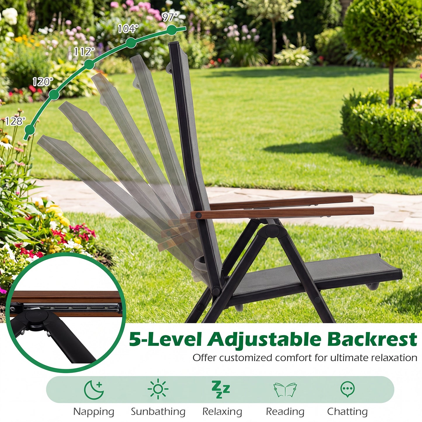 Set of 2/4 Breathable Fabric Folding Patio Chairs with 5-Position Adjustable Backrests-Grey