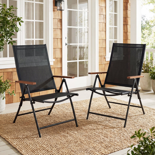 Set of 2 Breathable Fabric Folding Patio Chairs with 5-Position Adjustable Backrests-Black