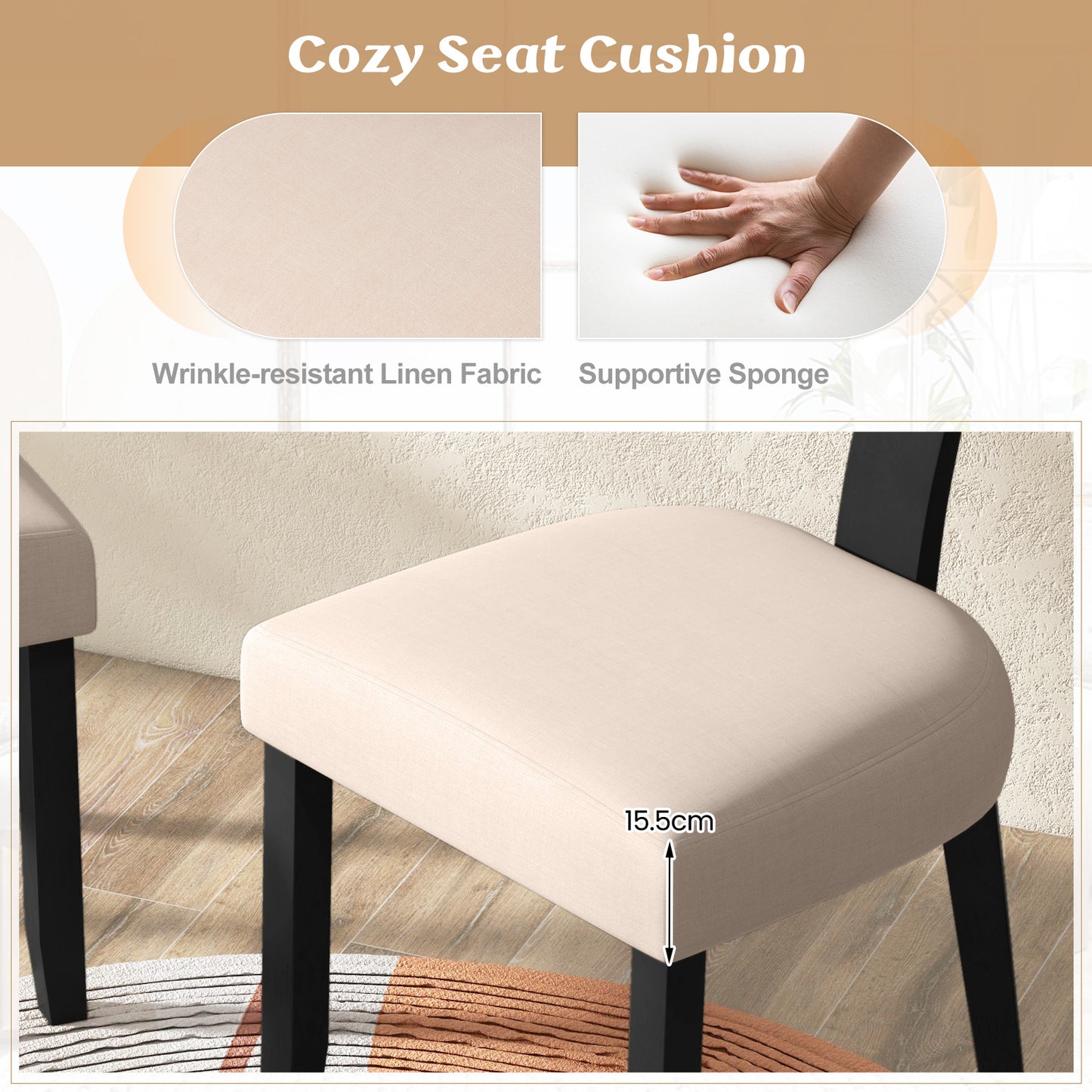 Set of 2 Dining Chairs Linen Fabric Upholstered Accent Chairs-Black