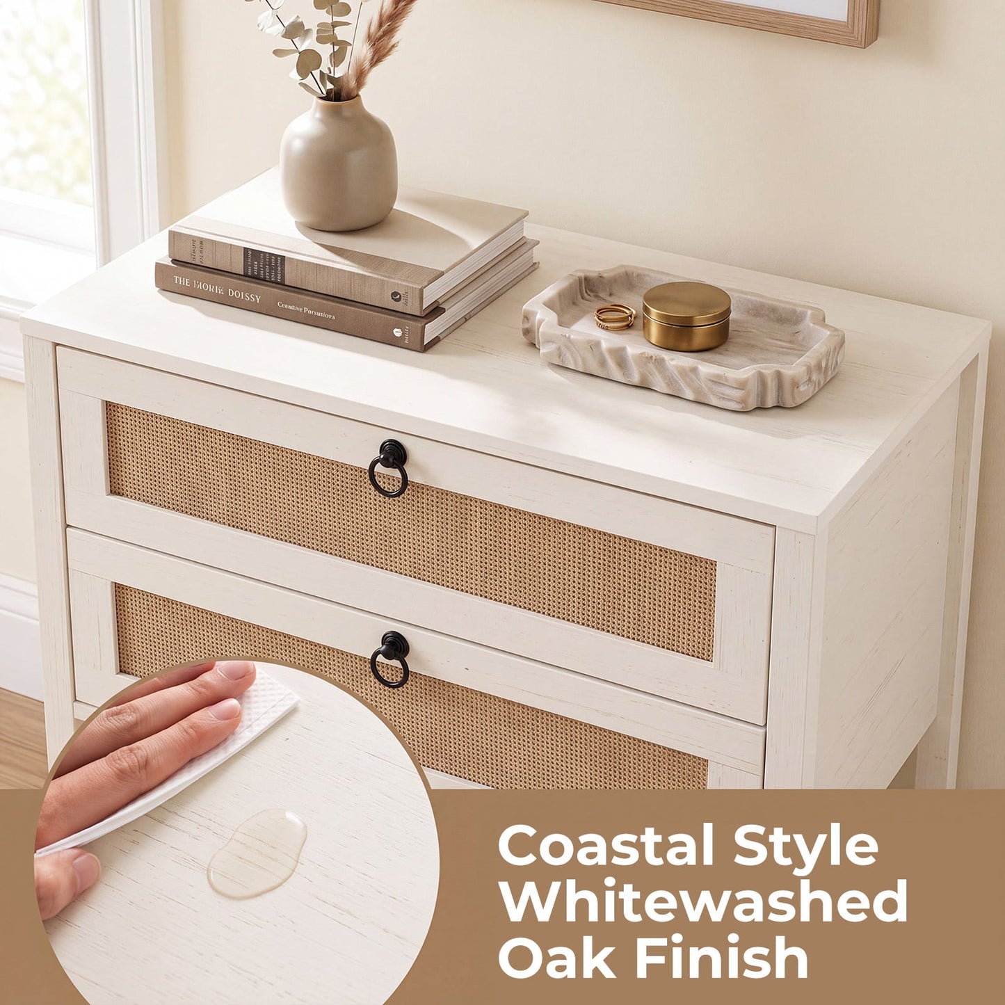 Set of 2 Rattan Nightstand 68 cm with 2 Drawers for Living Room Bedroom-White