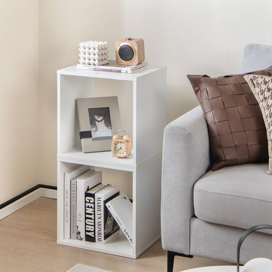 Set of 2 Bookcase Stackable Standing Nightstand with Storage Cubes-White