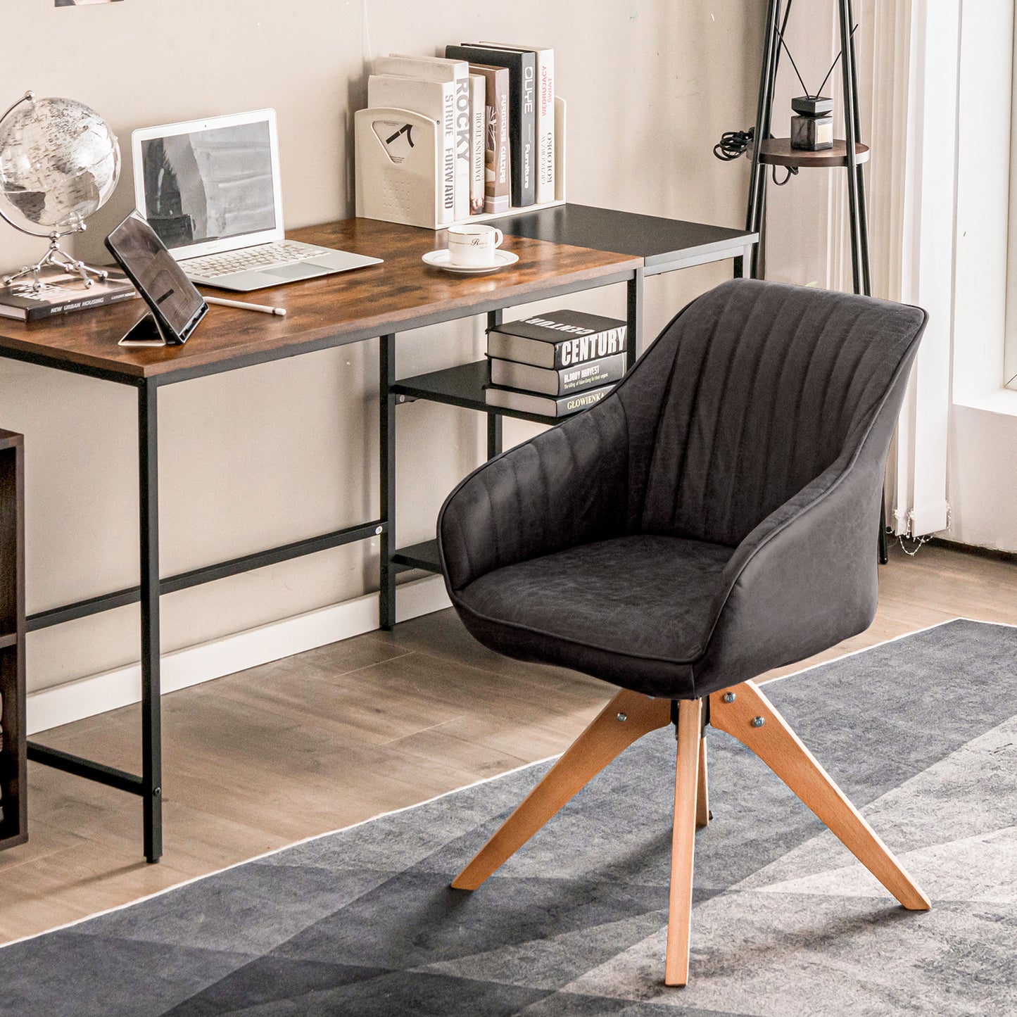 Set of 4 360° Swivel Accent Chair with Solid Wood Legs-Brown