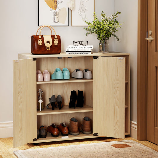 3-Tier Shoe Cabinet with Doors and Adjustable Open Shelves-Natural