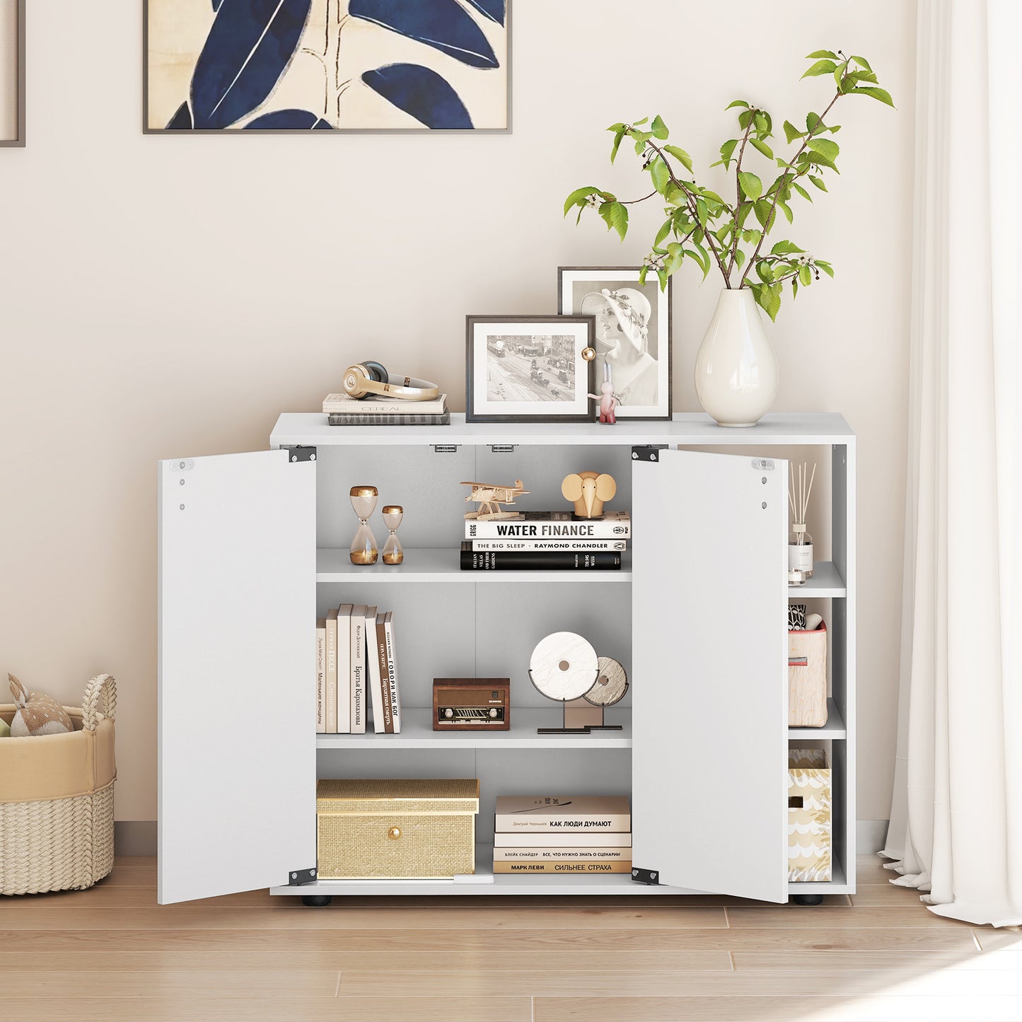 3-Tier Shoe Cabinet with Doors and Adjustable Open Shelves-White