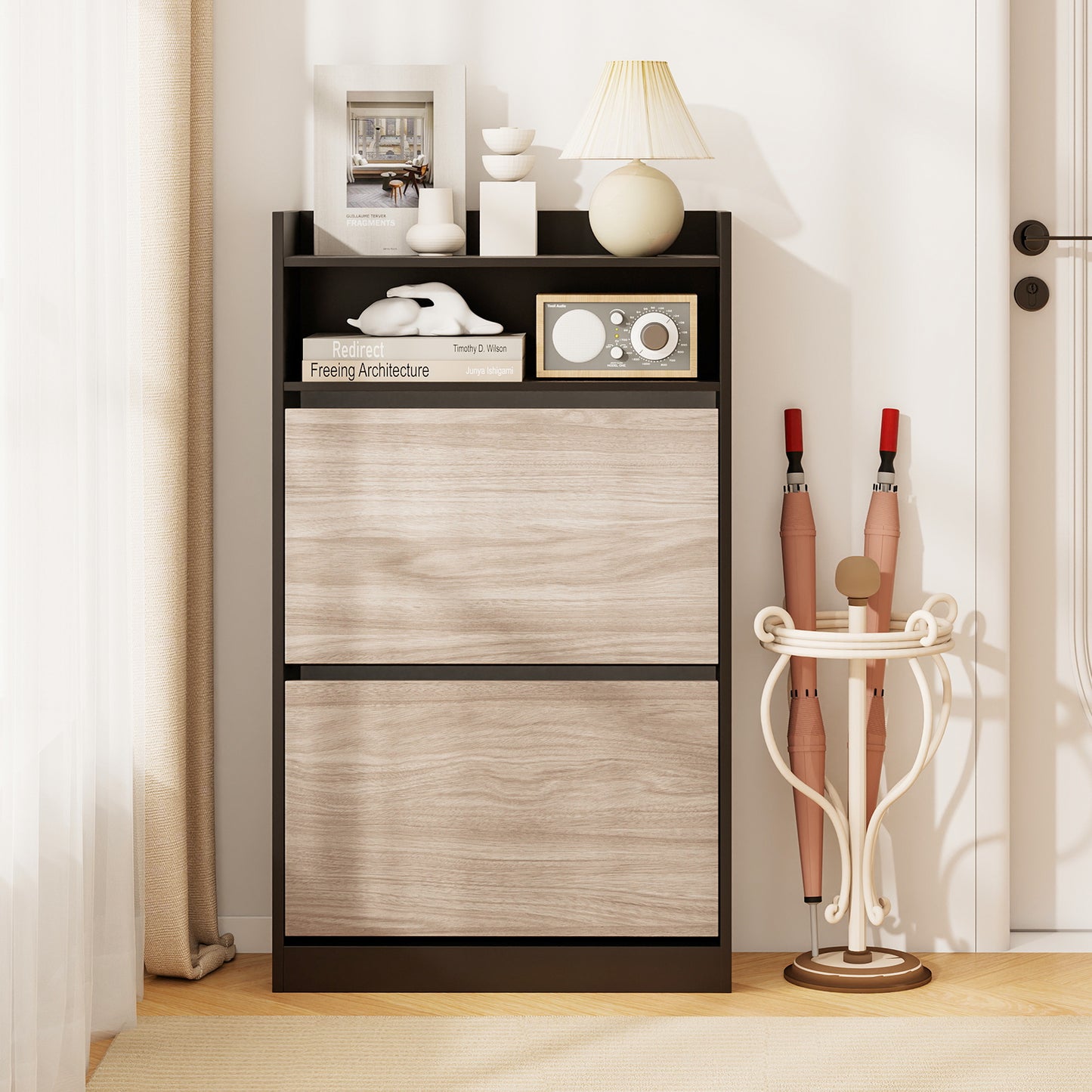 Shoe Storage Cabinet with 2 Flip Drawers and Open Storage-Black