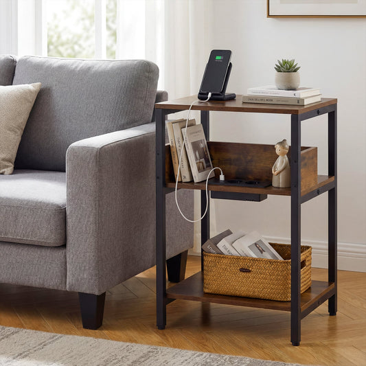 Side Table with Charging Station 3-Tier End Table with Open Storage Shelves-Rustic Brown