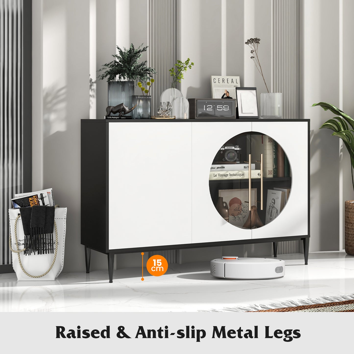 Sideboard Cabinet with Tempered Glass Door-Black & White