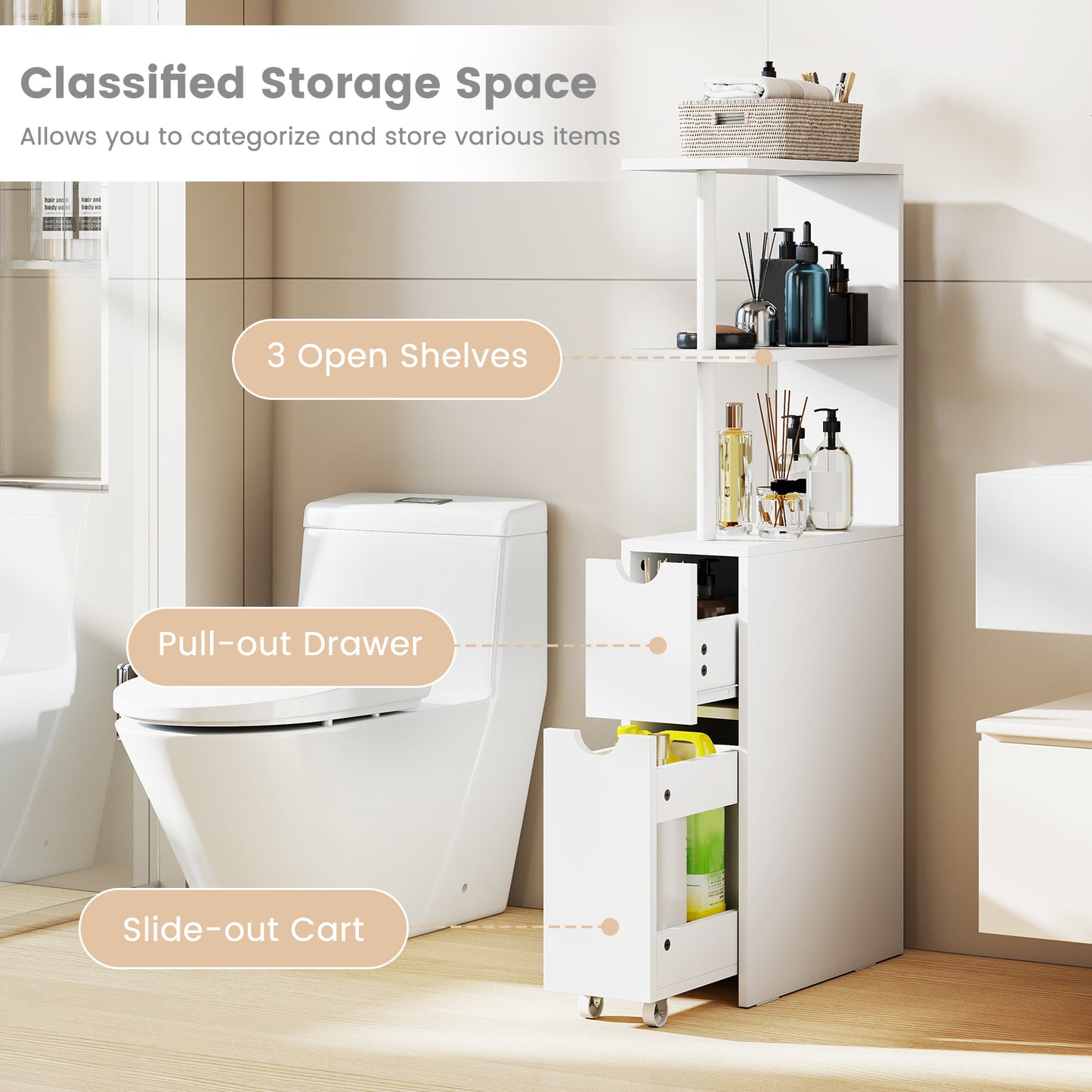 Slim Bathroom Storage Cabinet Small Corner Floor Cabinet with Open Shelves-White