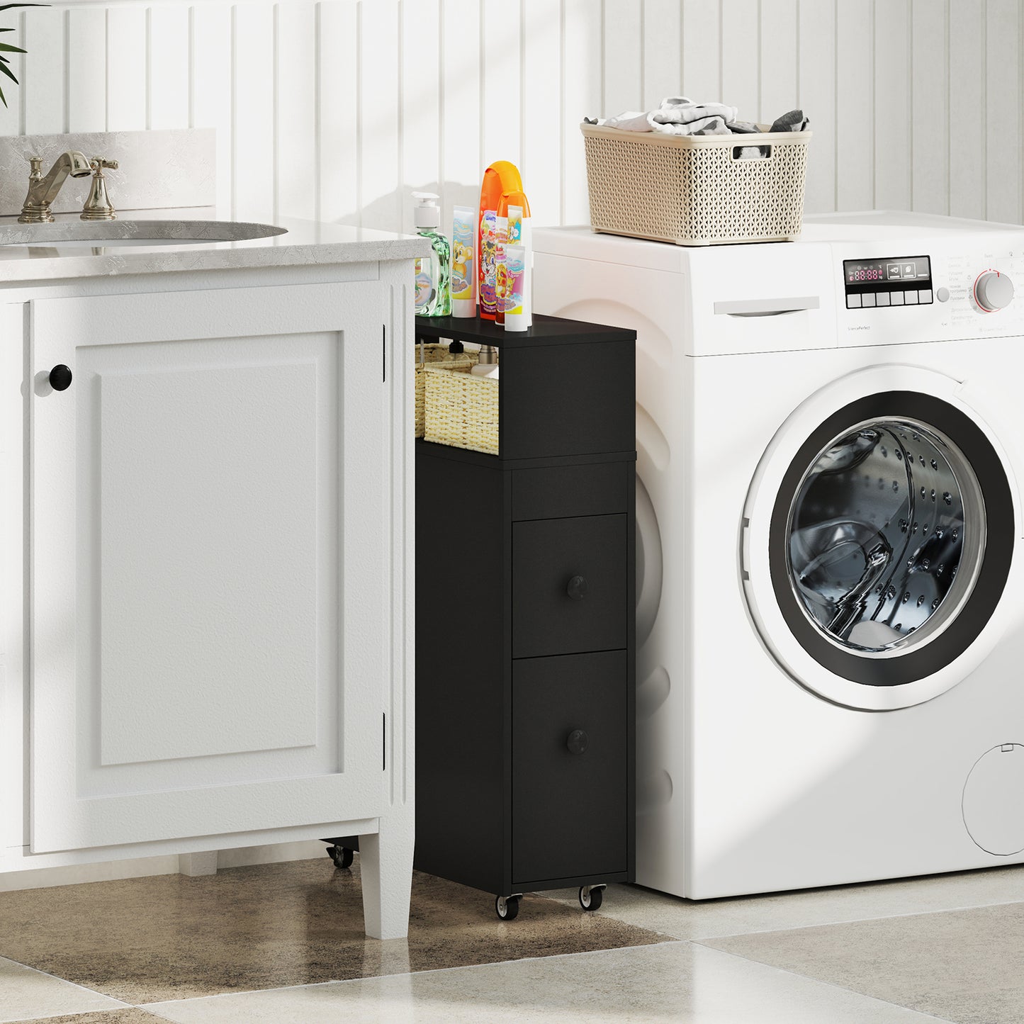 Slim Bathroom Storage Cabinet Movable with 2 Drawers and Baskets-Black