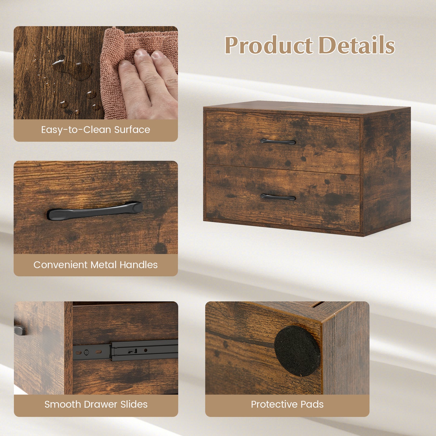 Stackable 2-Drawer Dresser with Anti-scratch Pads and Anti-tipping Devices-Rustic Brown