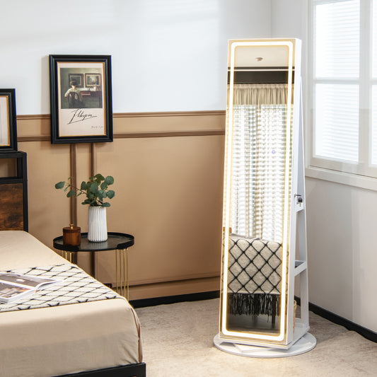 360° Swivel Jewelry Cabinet with LED Lights, Foldable Shelf-White