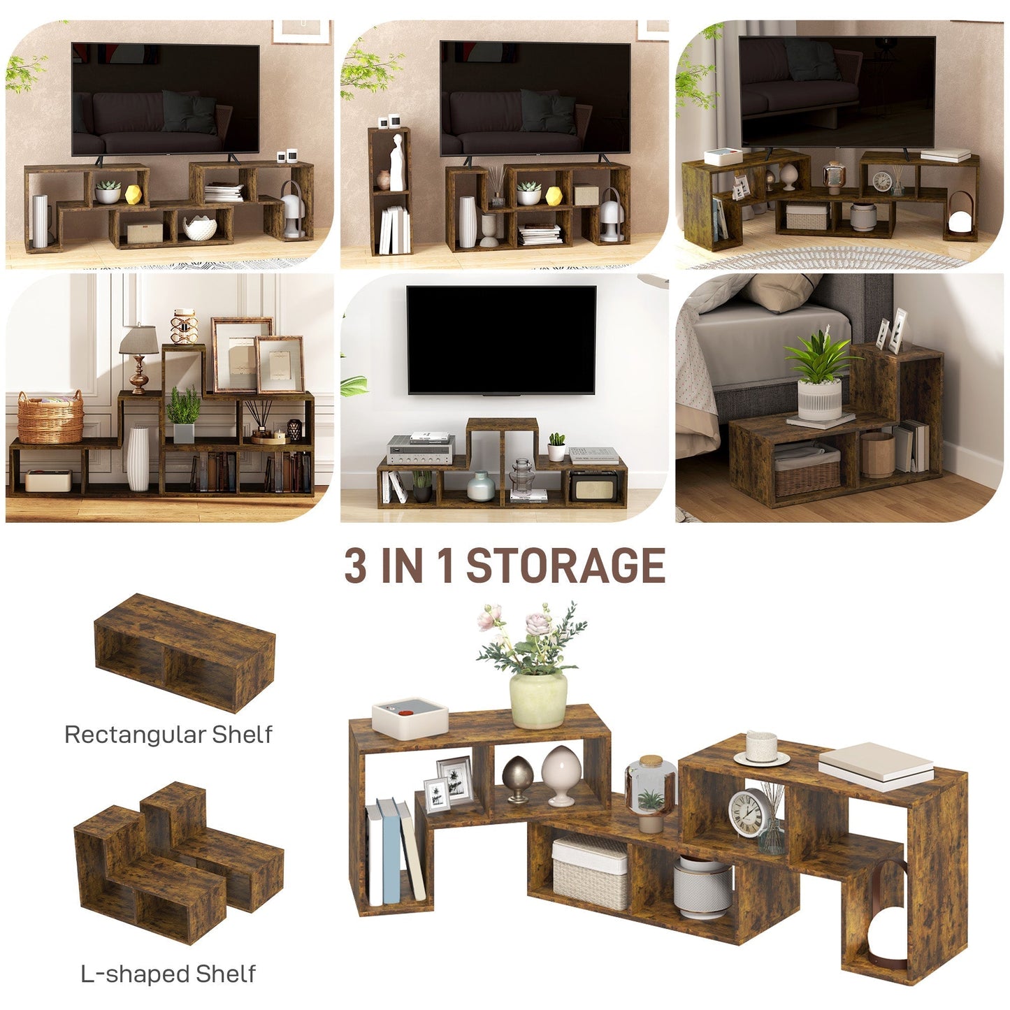HOMCOM Three-Block Modular TV Stand - Rustic Brown