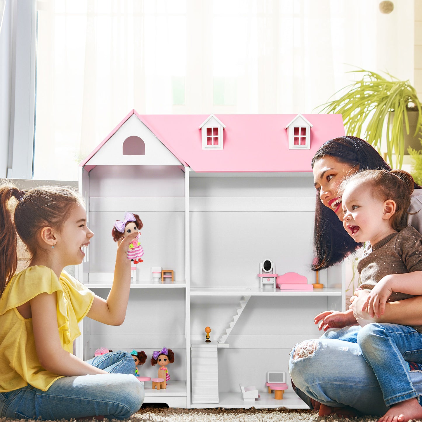 Large Wooden Dolls House with Furniture and Accessories-Pink